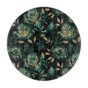 Elegant Green and Gold Rose Floral Pattern Cutting Board