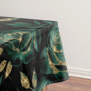 Elegant Green and Gold Rose Floral Pattern Tablecloth