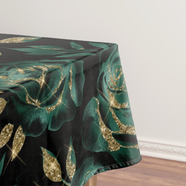 Elegant Green and Gold Rose Floral Pattern Tablecloth (In Situ)