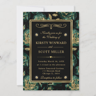 Elegant Green and Gold Rose Floral Pattern Wedding Invitation