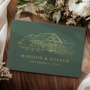 Elegant Green and Gold Rustic Barn Photo Wedding Guest Book