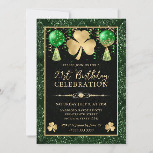 Elegant Green and Gold Shamrock 21st Birthday Invitation