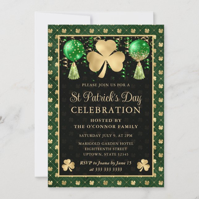 Elegant Green and Gold Shamrock St Patrick's Day Invitation (Front)