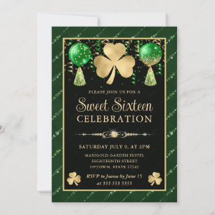 Elegant Green and Gold Shamrock Sweet Sixteen Invitation