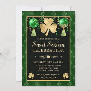 Elegant Green and Gold Shamrock Sweet Sixteen Invitation