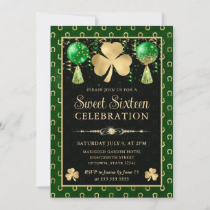 Elegant Green and Gold Shamrock Sweet Sixteen Invitation