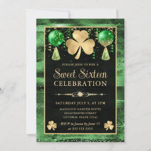 Elegant Green and Gold Shamrock Sweet Sixteen Invitation