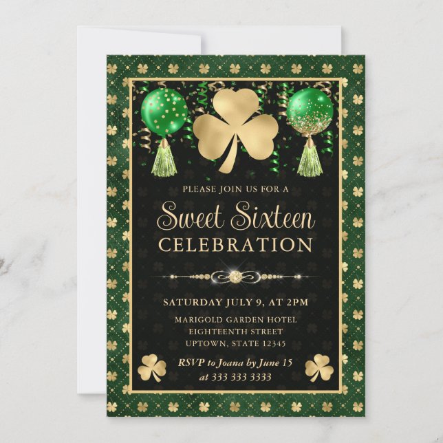 Elegant Green and Gold Shamrock Sweet Sixteen Invitation (Front)