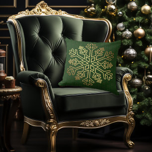 Elegant Green and Gold Snowflake Decorative Cushion