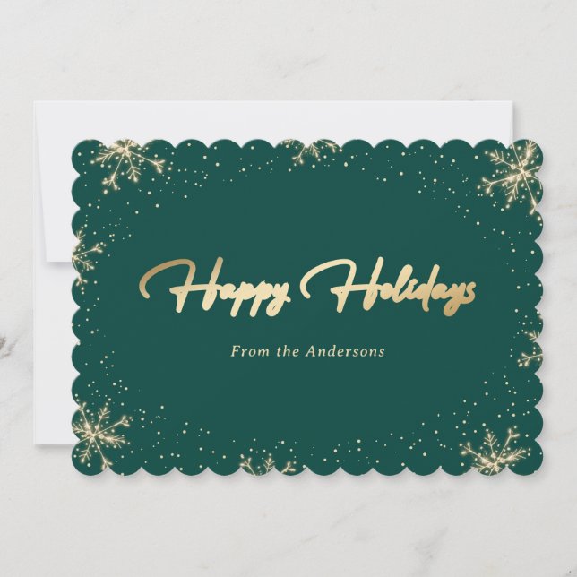 Elegant Green and Gold Snowflake Holiday Card (Front)