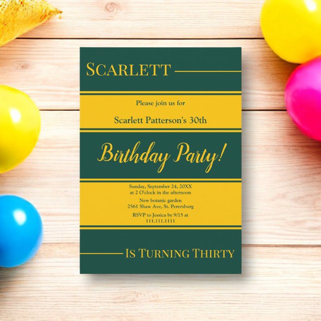 Elegant Green And Gold Stripes Luxury Birthday Invitation (Creator Uploaded)