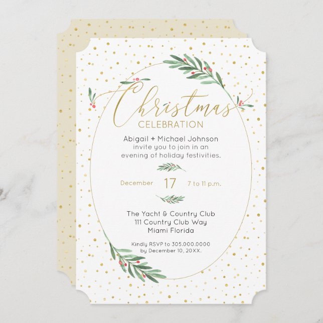Elegant Green and Gold Watercolor Christmas Party Invitation (Front/Back)