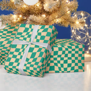 Elegant Green and Gold Wavy Chequered Pattern Wrapping Paper