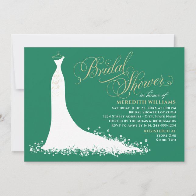 Elegant Green and Gold Wedding Gown Bridal Shower Invitation (Front)