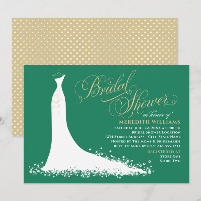 Elegant Green and Gold Wedding Gown Bridal Shower Invitation (Front/Back)