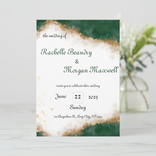 Elegant green and gold wedding invitation (Standing Front)