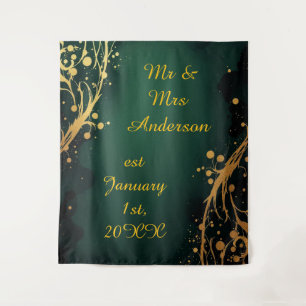 Elegant Green and Gold Wedding Photo Backdrop Tapestry