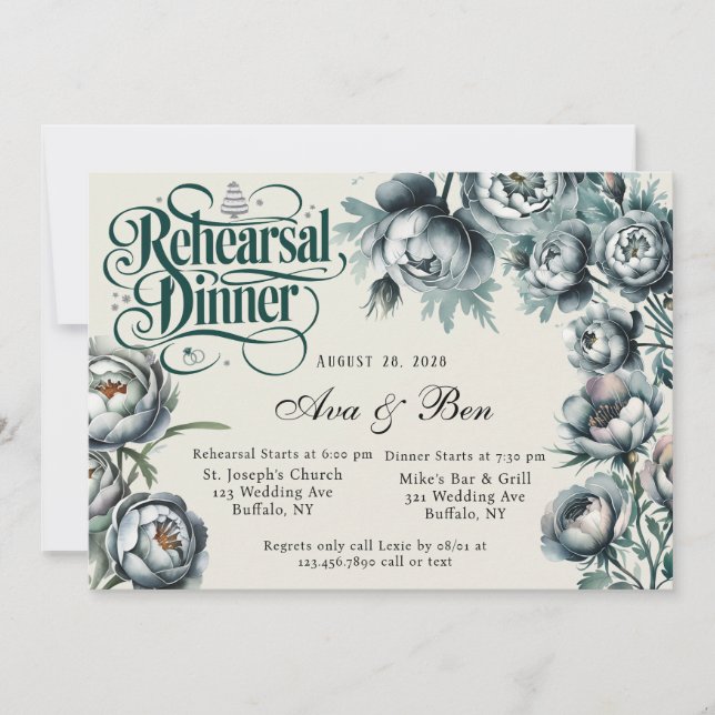 Elegant Green and Grey Bouquet Rehearsal Dinner Invitation (Front)