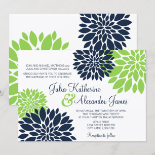 Elegant Green and Navy Blue Floral Burst Wedding Invitation