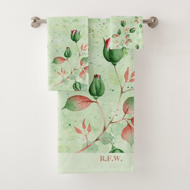 Elegant Green and Pink Floral  Bath Towel Set (Insitu)