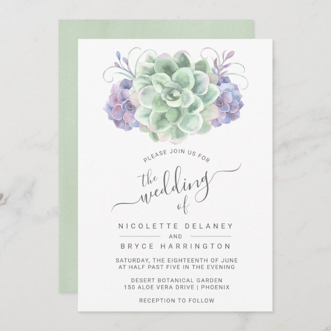 Elegant Green and Purple Succulent Wedding Invitation (Front/Back)