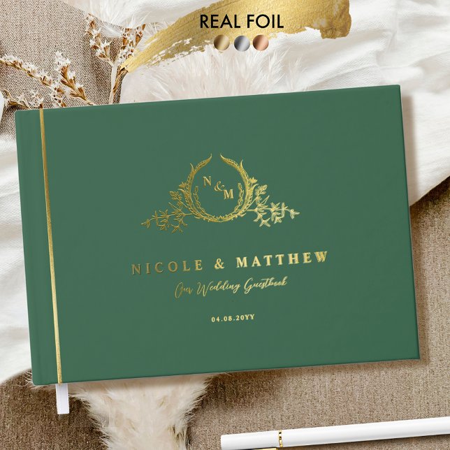 Elegant Green and Real Foil Monogram Wedding Guest Book (Creator Uploaded)