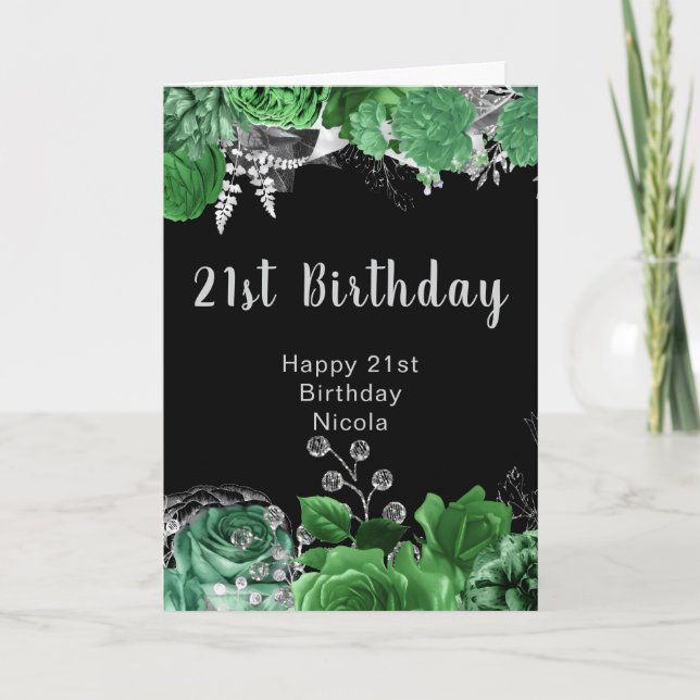Elegant Green and Silver Flowers Birthday Party  Card (Front)