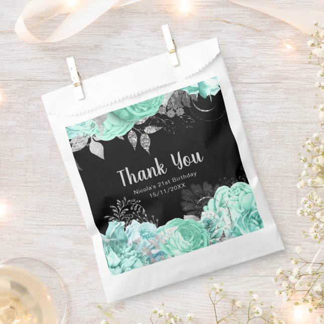 Elegant Green and Silver Flowers Birthday Party Favour Bag (Clipped)