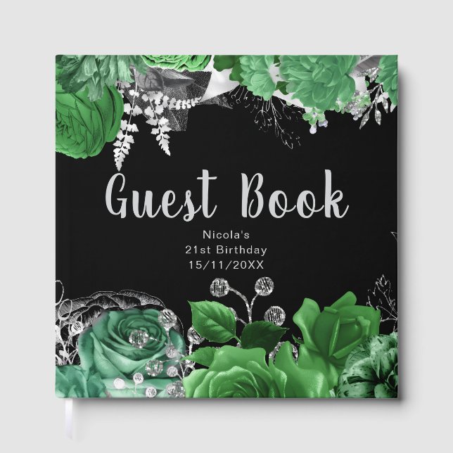 Elegant Green and Silver Flowers Birthday Party Guest Book (Front)
