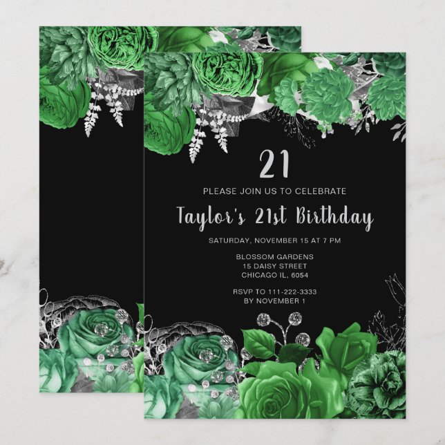 Elegant Green and Silver Flowers Birthday Party Invitation (Front/Back)