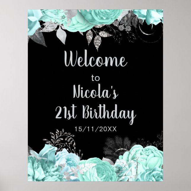 Elegant Green and Silver Flowers Birthday Party Poster (Front)