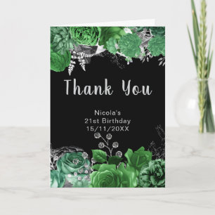 Elegant Green and Silver Flowers Birthday Party  Thank You Card