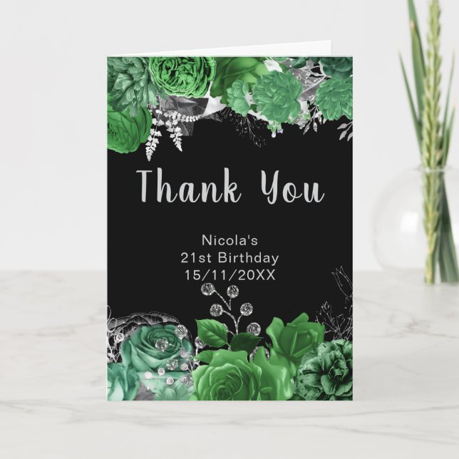 Elegant Green and Silver Flowers Birthday Party  Thank You Card (Front)