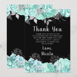 Elegant Green and Silver Flowers Birthday Party Thank You Card