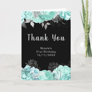 Elegant Green and Silver Flowers Birthday Party Thank You Card