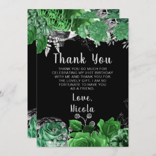 Elegant Green and Silver Flowers Birthday Party  Thank You Card