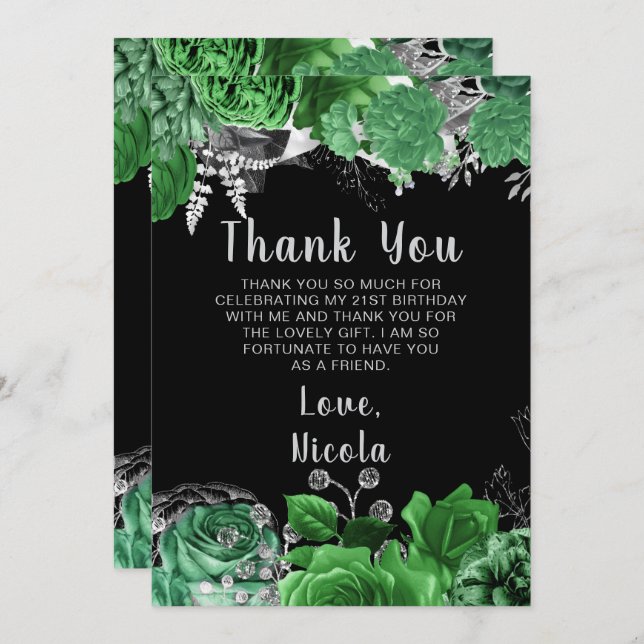 Elegant Green and Silver Flowers Birthday Party  Thank You Card (Front/Back)