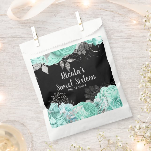 Elegant Green and Silver Flowers Sweet Sixteen Favour Bag (Clipped)
