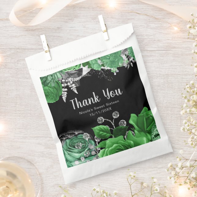 Elegant Green and Silver Flowers Sweet Sixteen  Favour Bag (Clipped)
