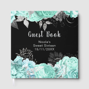 Elegant Green and Silver Flowers Sweet Sixteen Guest Book