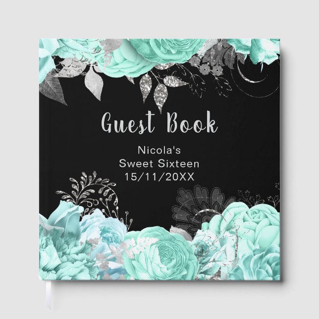 Elegant Green and Silver Flowers Sweet Sixteen Guest Book (Front)