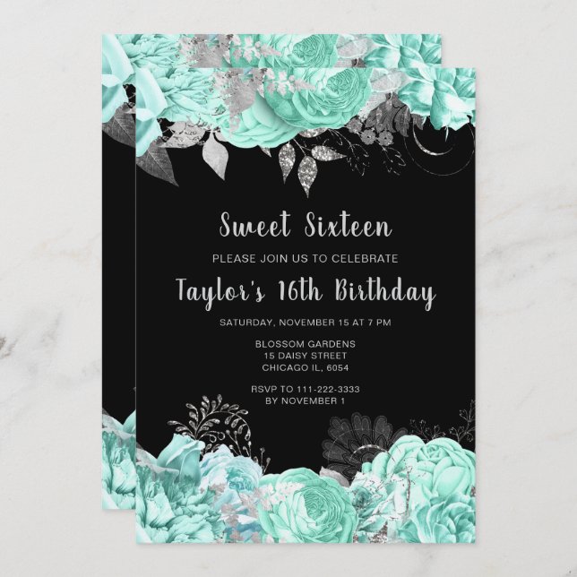 Elegant Green and Silver Flowers Sweet Sixteen Invitation (Front/Back)