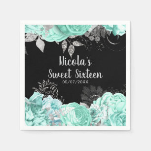 Elegant Green and Silver Flowers Sweet Sixteen Napkin