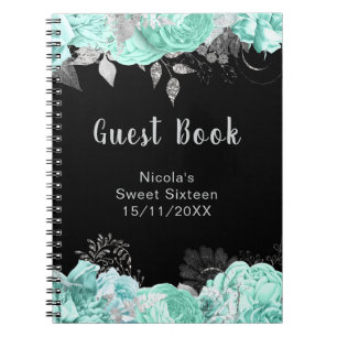 Elegant Green and Silver Flowers Sweet Sixteen Notebook