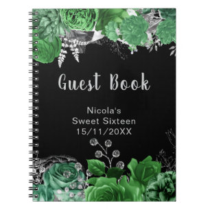 Elegant Green and Silver Flowers Sweet Sixteen Notebook