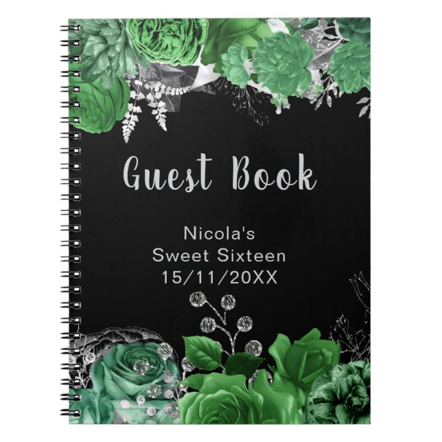 Elegant Green and Silver Flowers Sweet Sixteen  Notebook (Front)