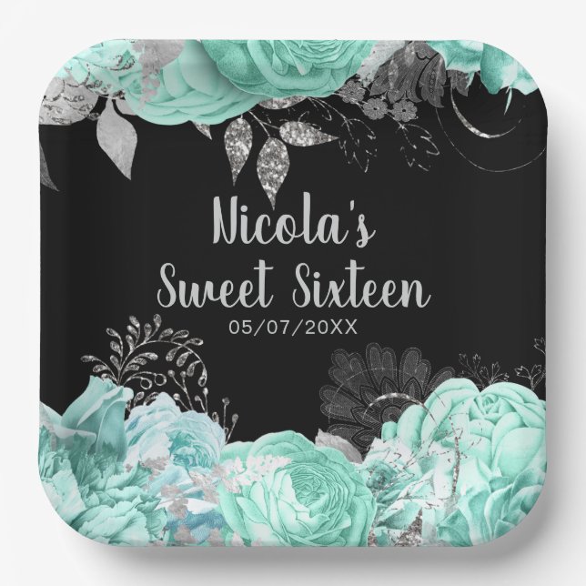 Elegant Green and Silver Flowers Sweet Sixteen Paper Plate (Front)