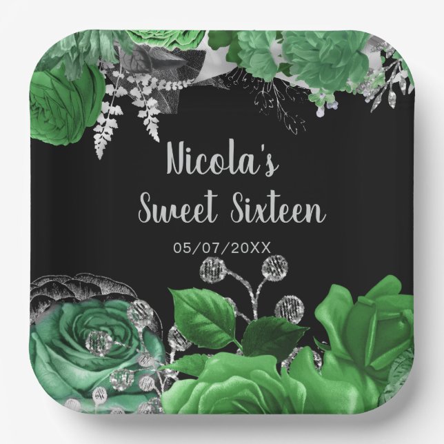 Elegant Green and Silver Flowers Sweet Sixteen  Paper Plate (Front)