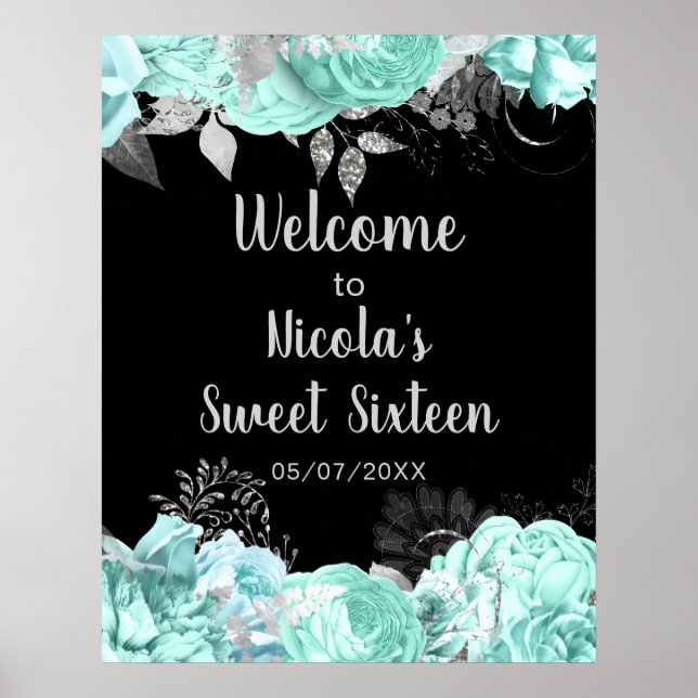 Elegant Green and Silver Flowers Sweet Sixteen Poster (Front)
