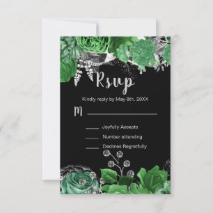 Elegant Green and Silver Flowers Sweet Sixteen  RSVP Card